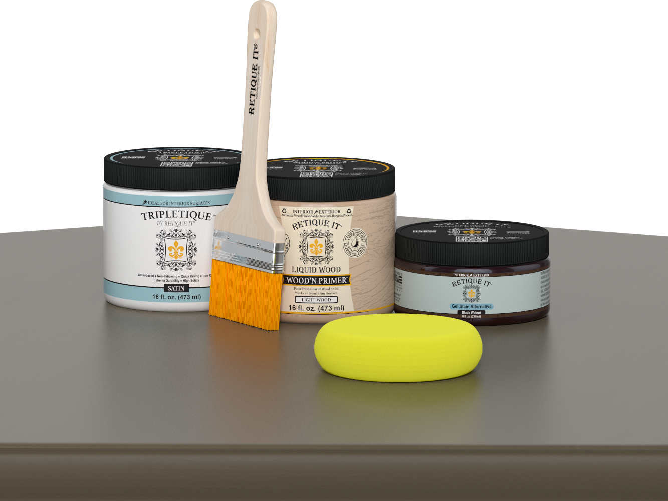 Retique It® Black Walnut Brush-On Kit with Satin TripleTique® includes a brush, Light Wood primer, Black Walnut Gel Stain Alternative, Satin TripleTique® top coat, and a yellow sponge.