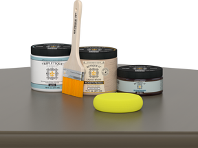 Retique It® Black Walnut Brush-On Kit with Satin TripleTique® includes a brush, Light Wood primer, Black Walnut Gel Stain Alternative, Satin TripleTique® top coat, and a yellow sponge.