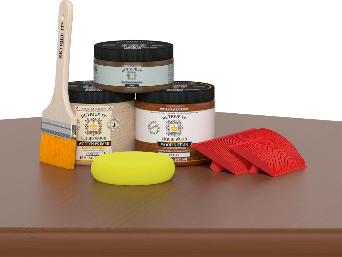 Retique It® Fireplace Wood'n Finish Kit in Cedar for full fireplace staining, showcasing wood stain and finish application.