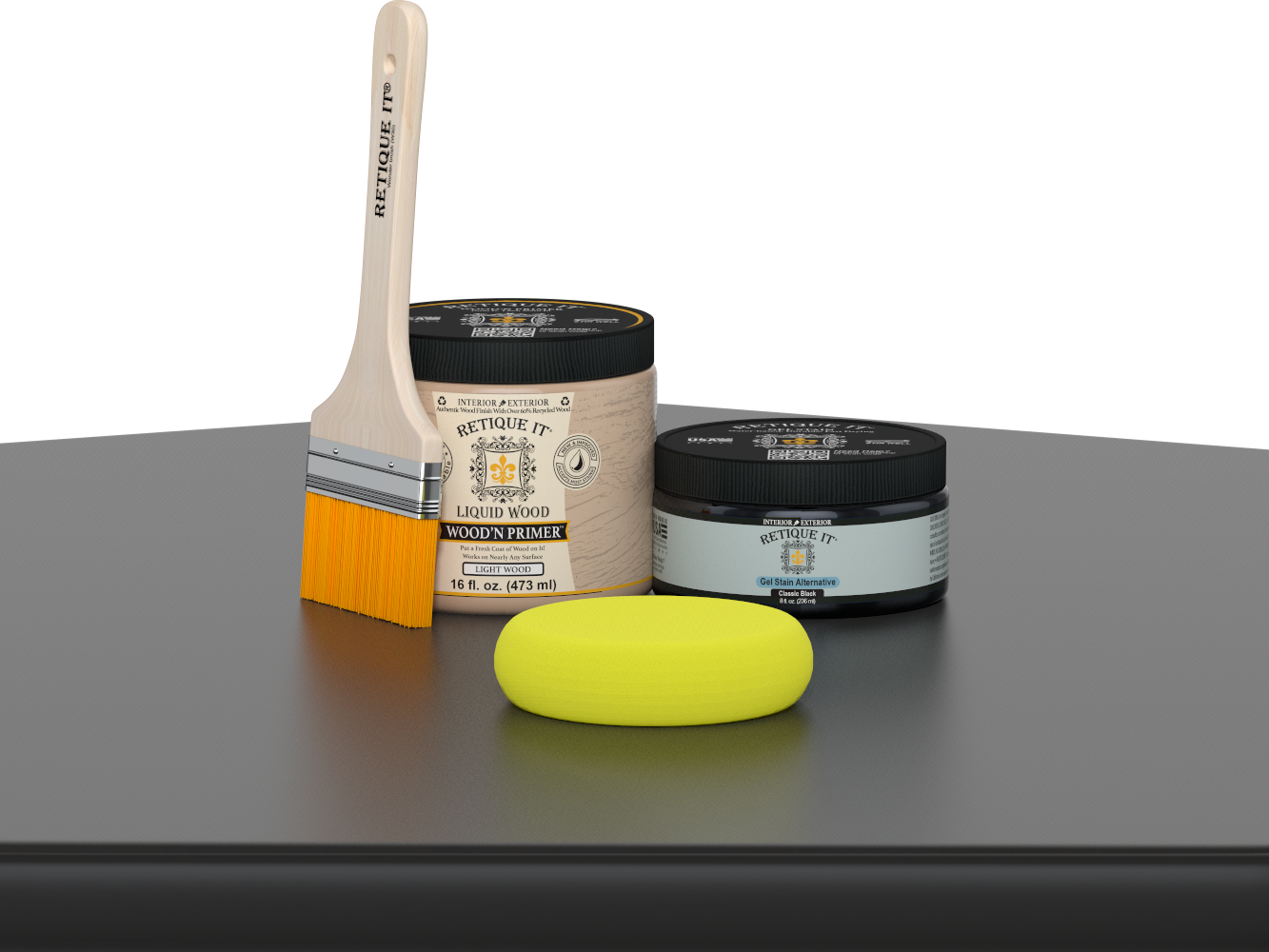 Retique It® Classic Black Brush-On Kit includes a brush, Light Wood primer, Classic Black Gel Stain Alternative, and a yellow sponge.