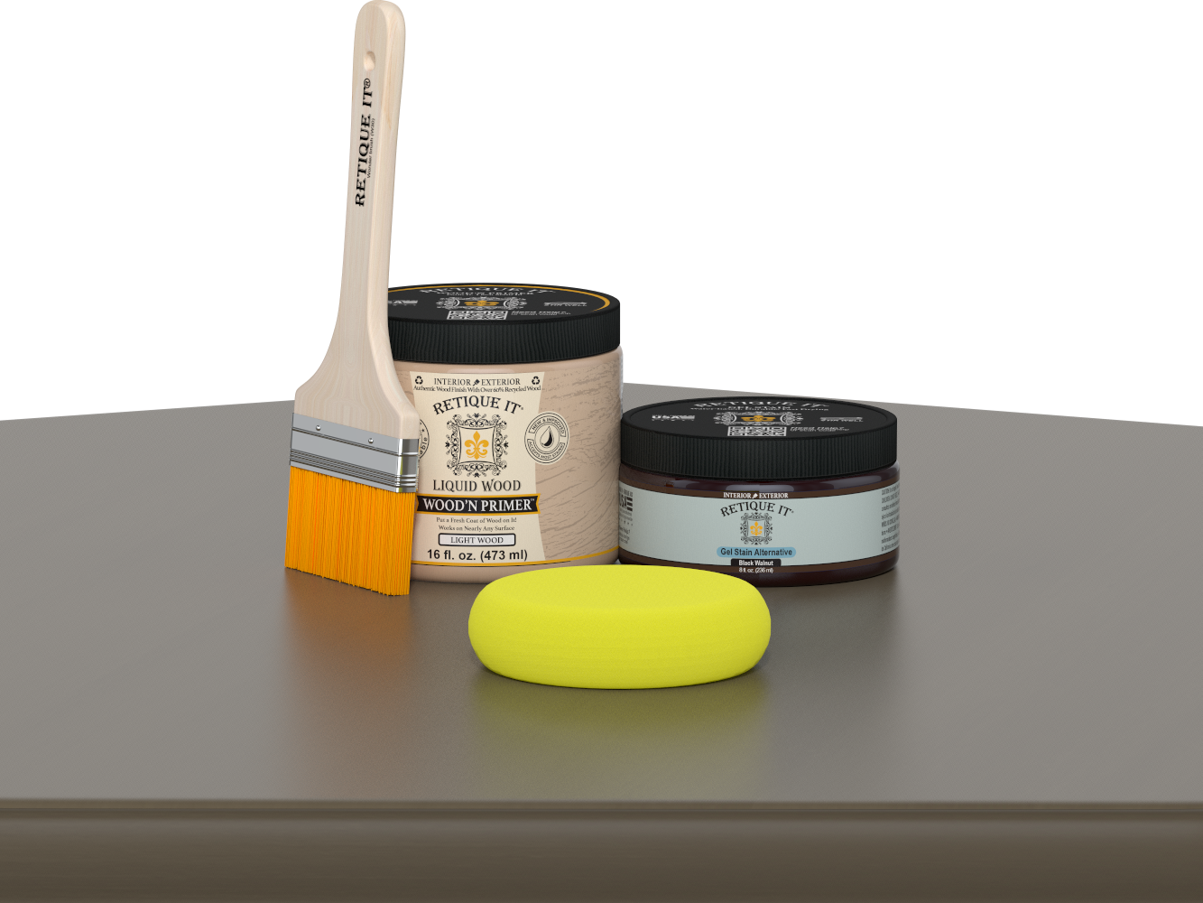 Retique It® Black Walnut Brush-On Kit includes a brush, Light Wood primer, Black Walnut Gel Stain Alternative, and a yellow sponge.