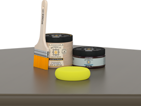 Retique It® Black Walnut Brush-On Kit includes a brush, Light Wood primer, Black Walnut Gel Stain Alternative, and a yellow sponge.