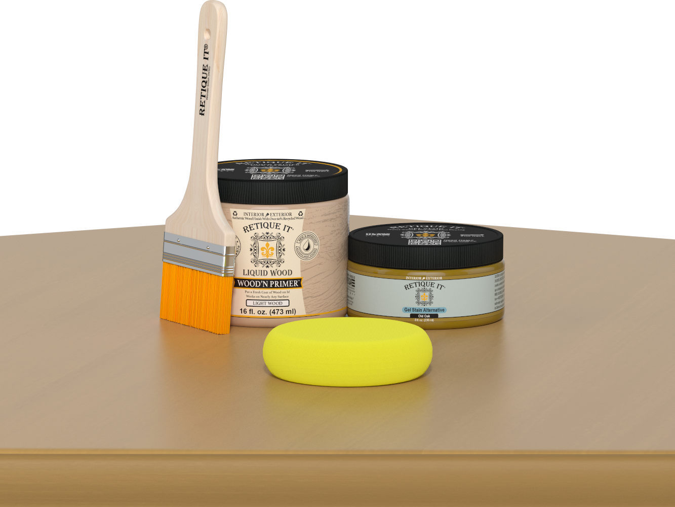 Retique It® Old Oak Brush-On Kit includes a brush, Light Wood primer, Old Oak Gel Stain Alternative, and a yellow sponge.