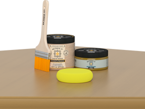 Retique It® Old Oak Brush-On Kit includes a brush, Light Wood primer, Old Oak Gel Stain Alternative, and a yellow sponge.