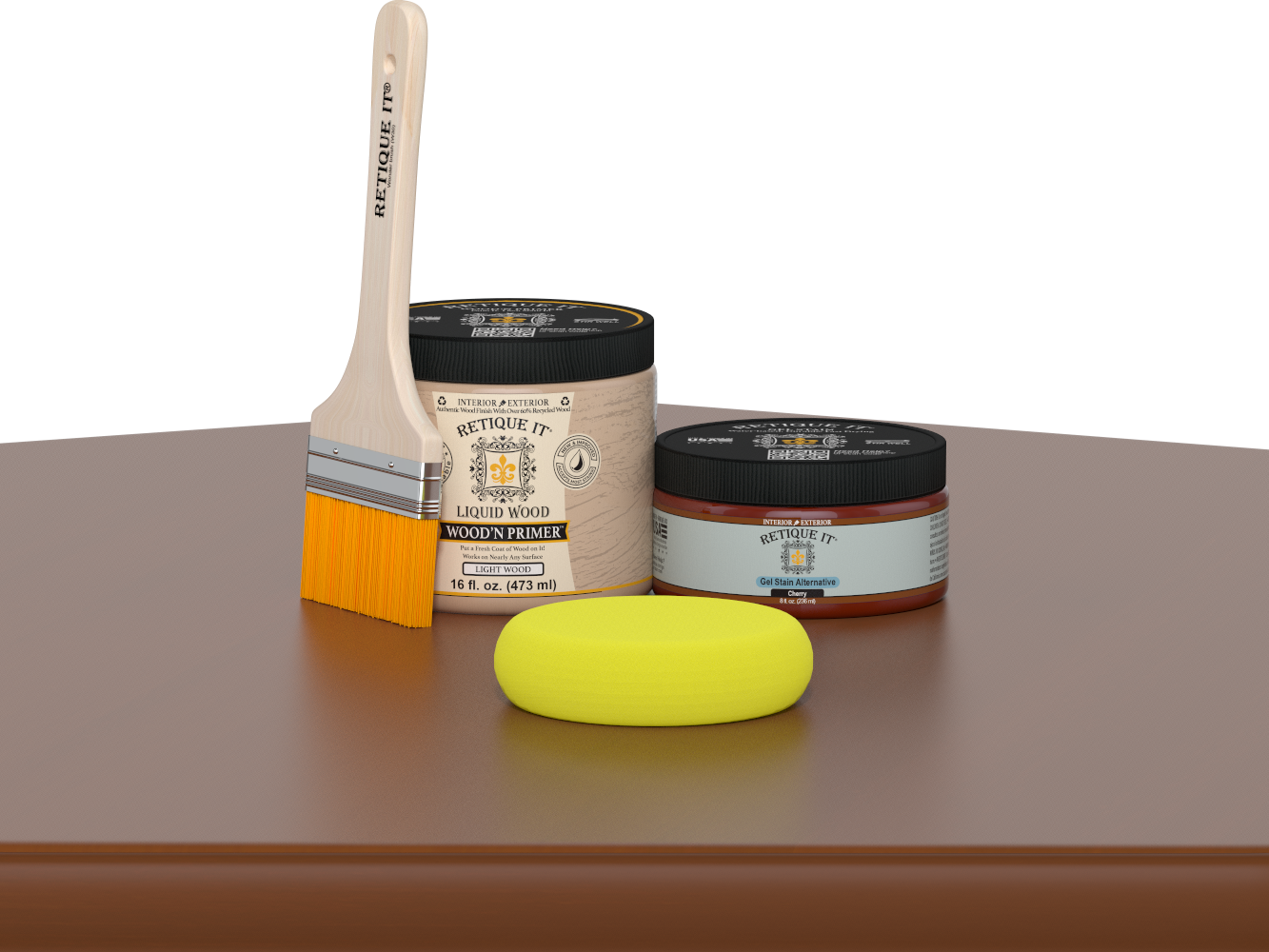 Retique It® Cherry Brush-On Kit includes a brush, Light Wood primer, Cherry Gel Stain Alternative, and a yellow sponge.