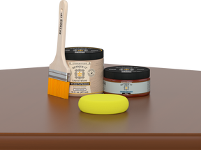 Retique It® Cherry Brush-On Kit includes a brush, Light Wood primer, Cherry Gel Stain Alternative, and a yellow sponge.