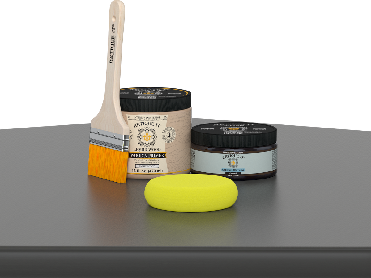 Retique It® Multi-purpose Smooth Finish Kit in charcoal for wood furniture, shown on a table surface.