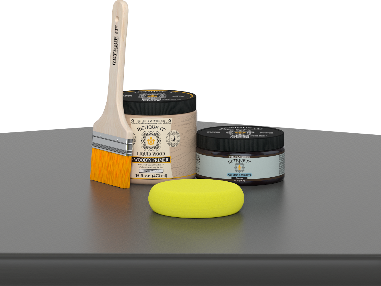 Retique It® Charcoal Brush-On Kit includes a brush, Light Wood primer, Charcoal Gel Stain Alternative, and a yellow sponge.