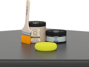 Retique It® Charcoal Brush-On Kit includes a brush, Light Wood primer, Charcoal Gel Stain Alternative, and a yellow sponge.