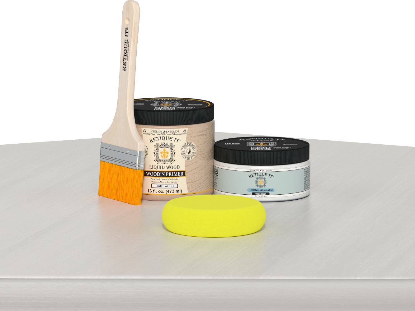 Retique It® Multi-purpose Smooth Finish Kit in White Wash for wood furniture and projects, featuring brushes and finishing tools.
