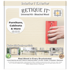 Retique It Universal Liquid Wood Kit in bleached wood finish, showing the front of the box with application tools and product details.