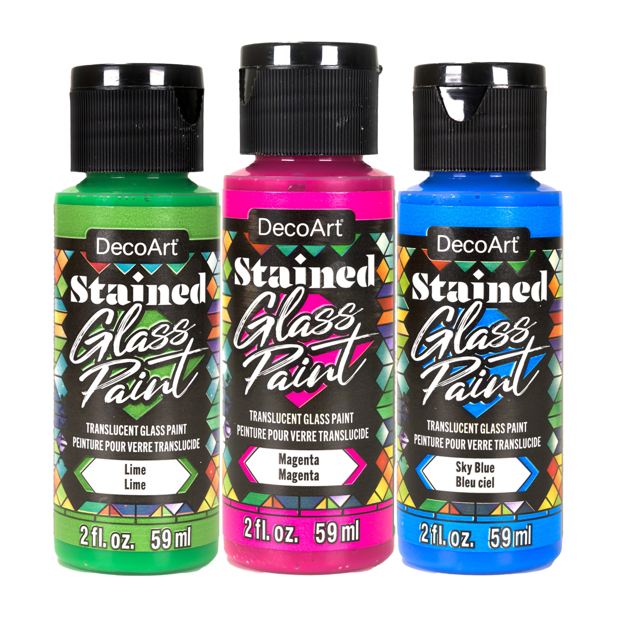 DecoArt stained glass paints in bottles, showcasing vibrant colors and fluid consistency suitable for glass art projects.