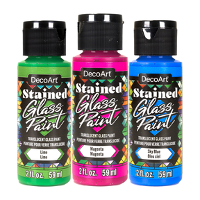DecoArt stained glass paints in bottles, showcasing vibrant colors and fluid consistency suitable for glass art projects.