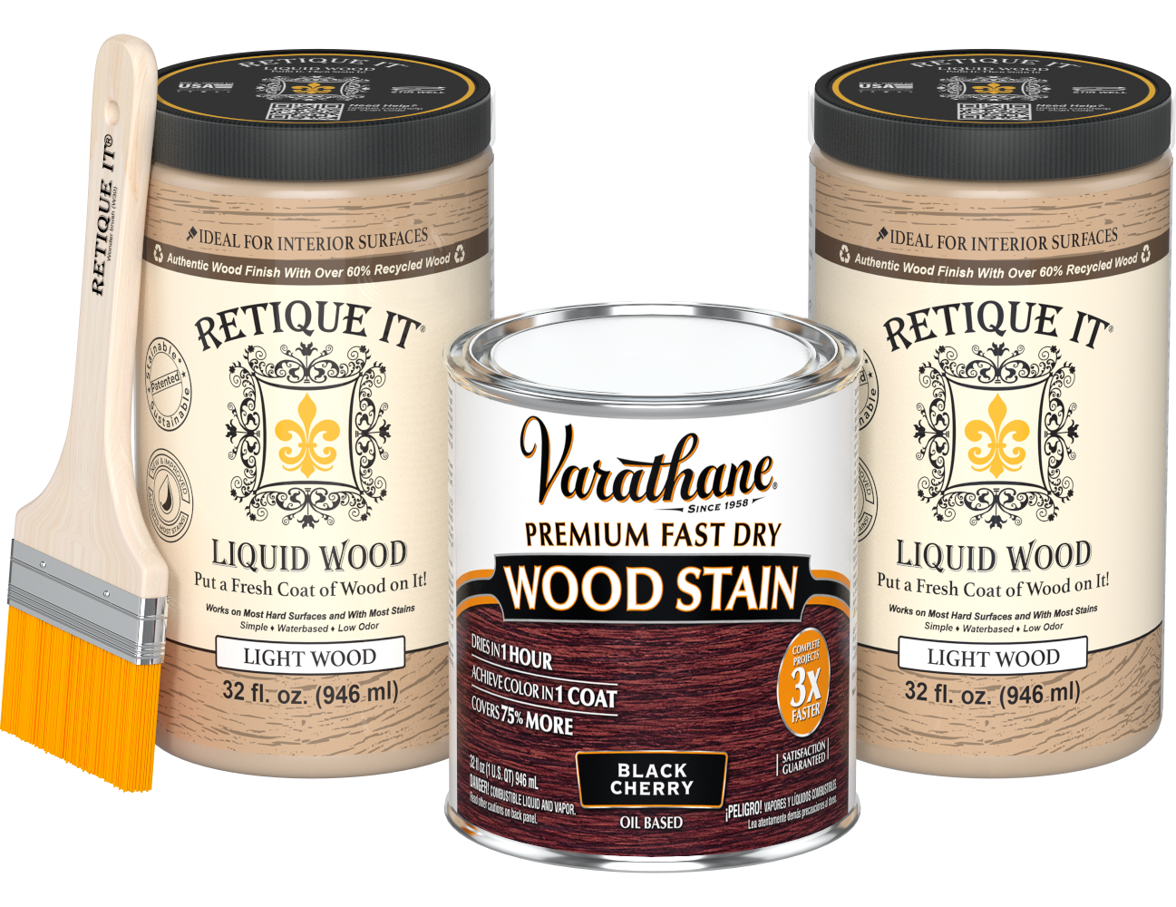 Retique It black cherry oil-based fast-dry stain in a multi-purpose kit with two large bottles, ideal for wood finishing projects.