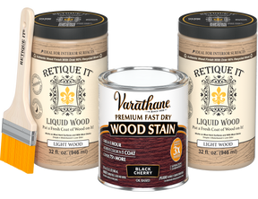 Retique It black cherry oil-based fast-dry stain in a multi-purpose kit with two large bottles, ideal for wood finishing projects.