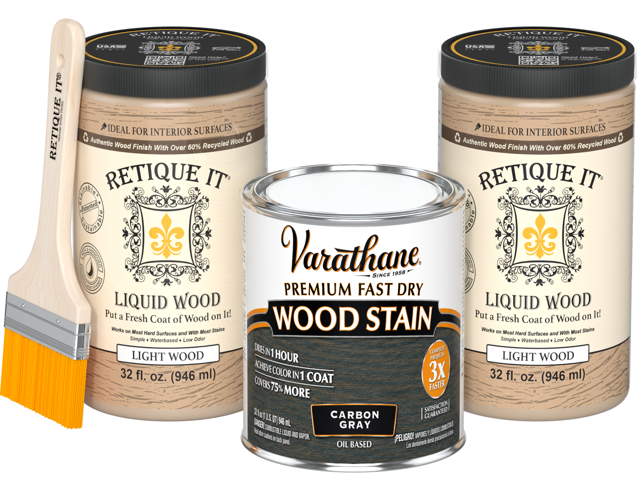 Angled product view of the 64 oz Retique It Liquid Wood kit with Varathane Carbon Gray stain and a paintbrush.