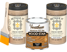 Angled product view of the 64 oz Retique It Liquid Wood kit with Varathane Golden Oak stain and a paintbrush.