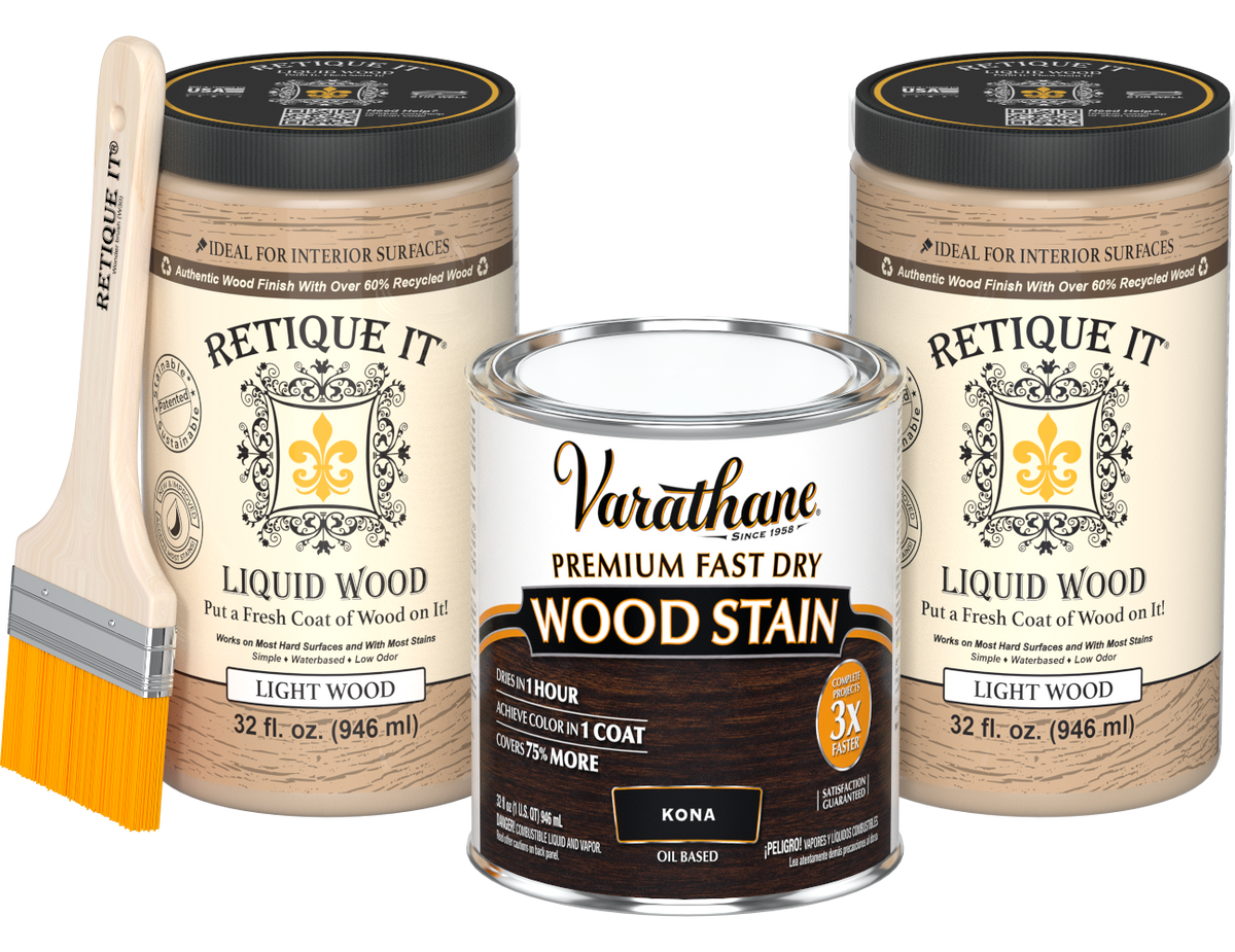 Angled product view of the 64 oz Retique It Liquid Wood kit with Varathane Kona stain and a paintbrush.