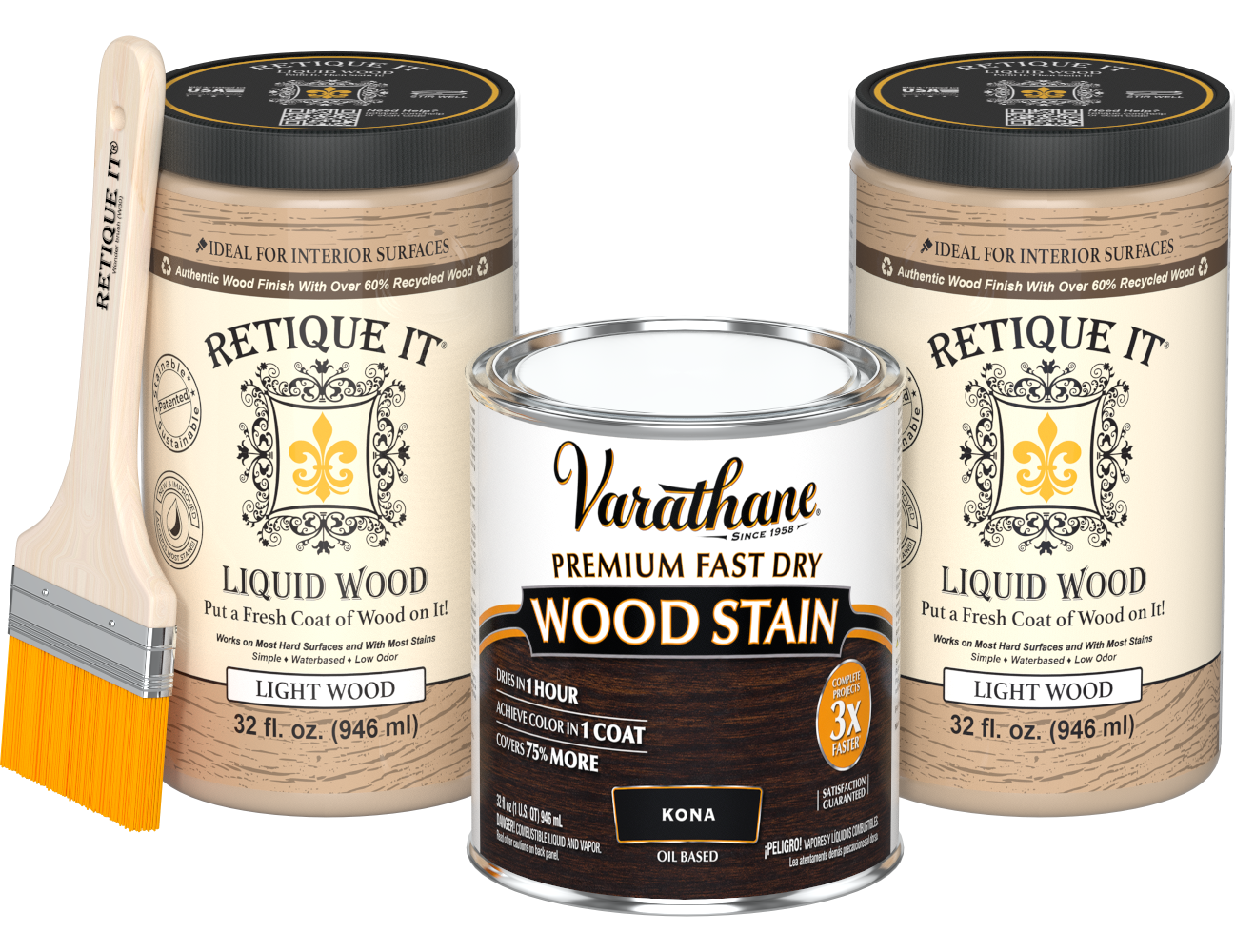 Angled product view of the 64 oz Retique It Liquid Wood kit with Varathane Kona stain and a paintbrush.