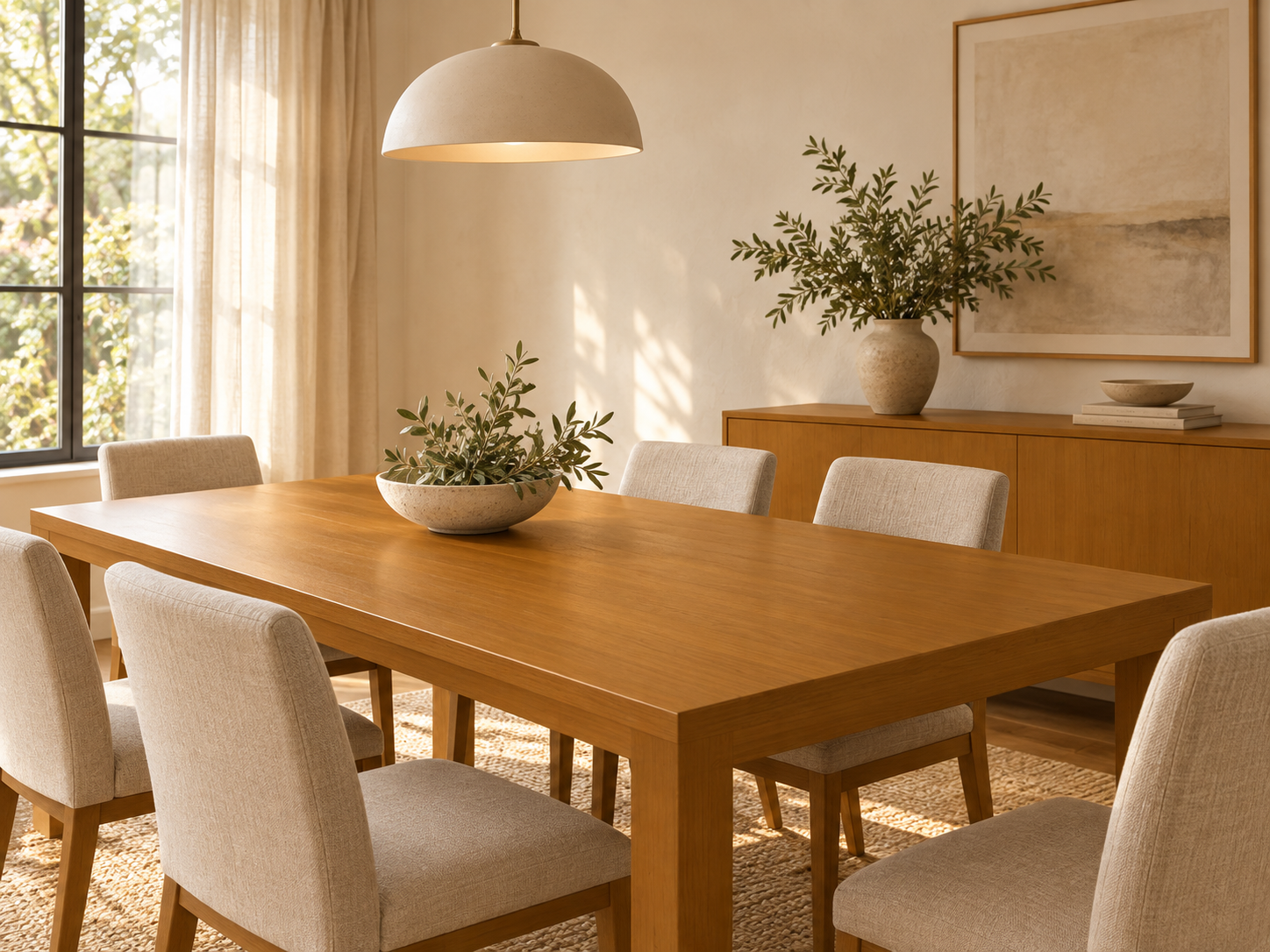 Golden Oak dining table and matching sideboard with cream upholstered chairs in a sunlit dining room.