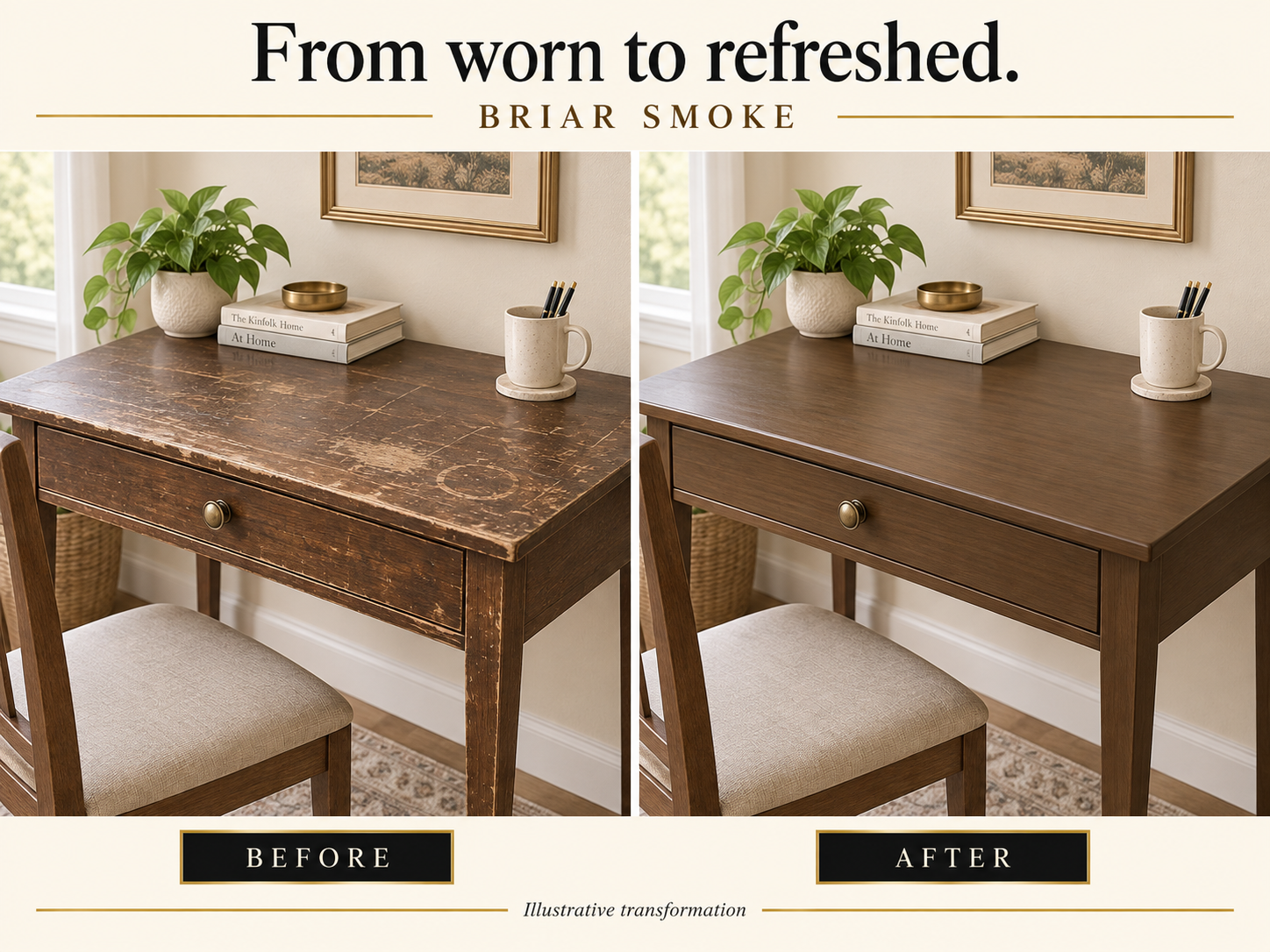 Illustrative before-and-after comparison of a scratched wooden writing desk refinished in Briarsmoke.