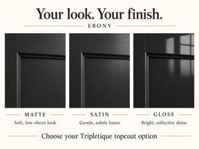 Ebony cabinet finish comparison: matte with low sheen, satin with subtle luster, and gloss with reflective shine.