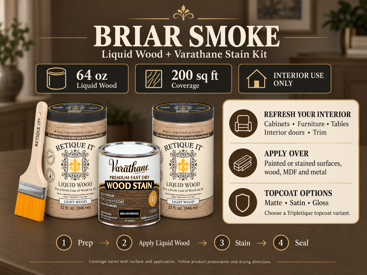 Briarsmoke Liquid Wood and Varathane stain kit guide showing 64 oz of Liquid Wood, interior applications, preparation steps, and matte, satin, and gloss topcoat options.