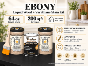 Ebony Liquid Wood and Varathane stain kit guide showing 64 oz of Liquid Wood, interior applications, preparation steps, and matte, satin, and gloss topcoat options.