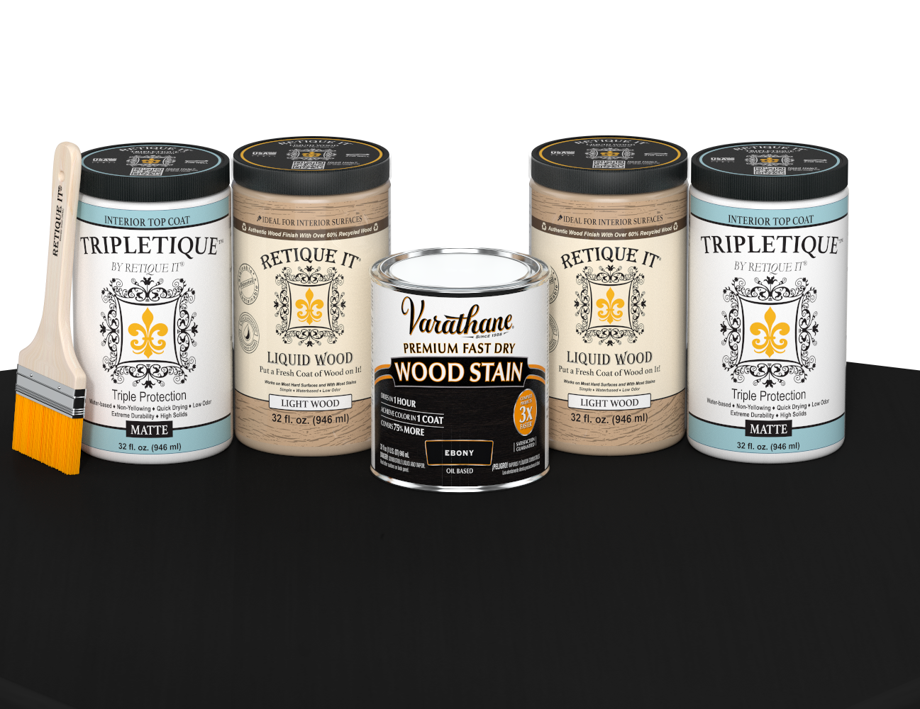 64 oz Retique It Liquid Wood kit with Ebony stain, matte Tripletique topcoat, and a paintbrush on a matching finished tabletop.