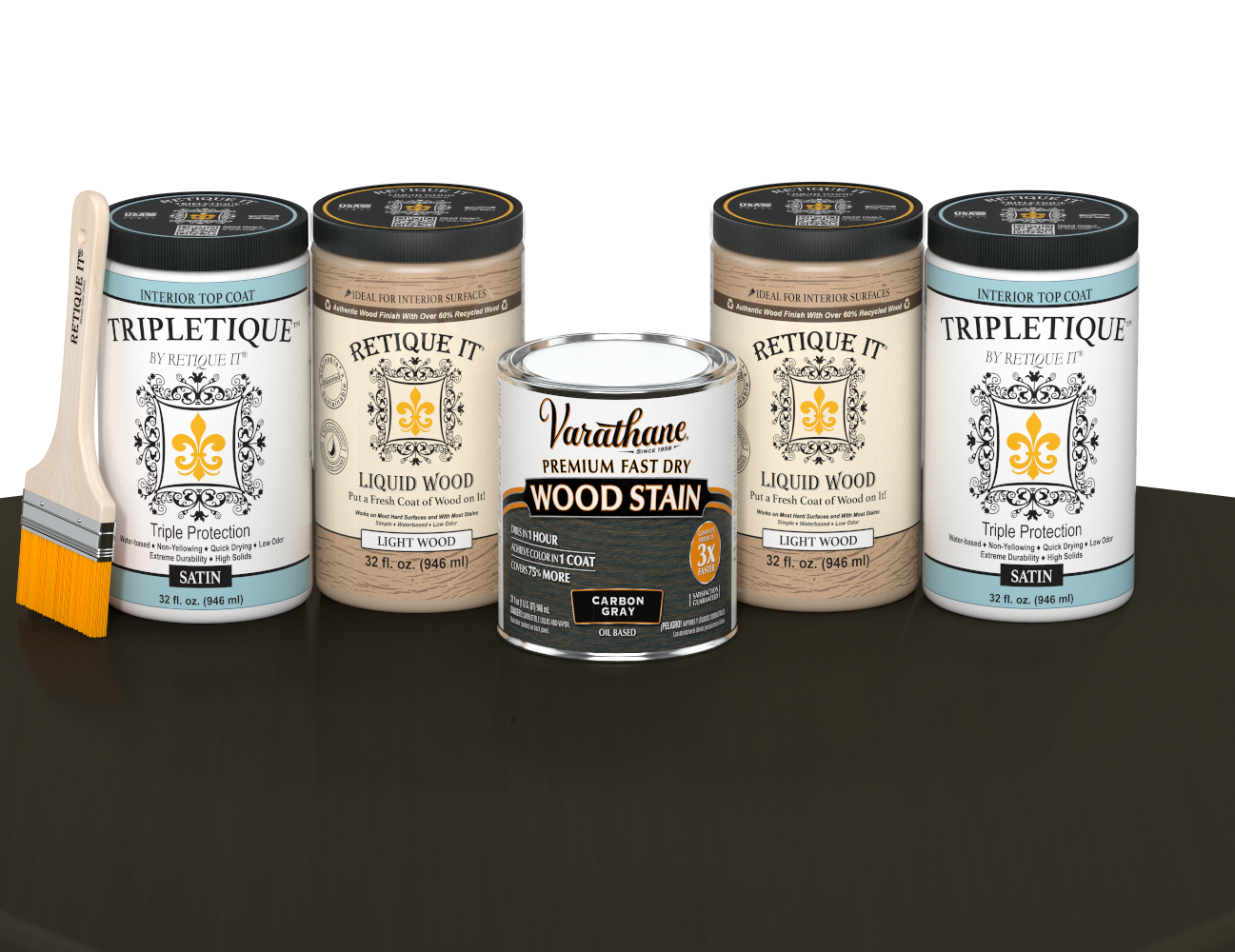 64 oz Retique It Liquid Wood kit with Carbon Gray stain, satin Tripletique topcoat, and a paintbrush on a matching finished tabletop.