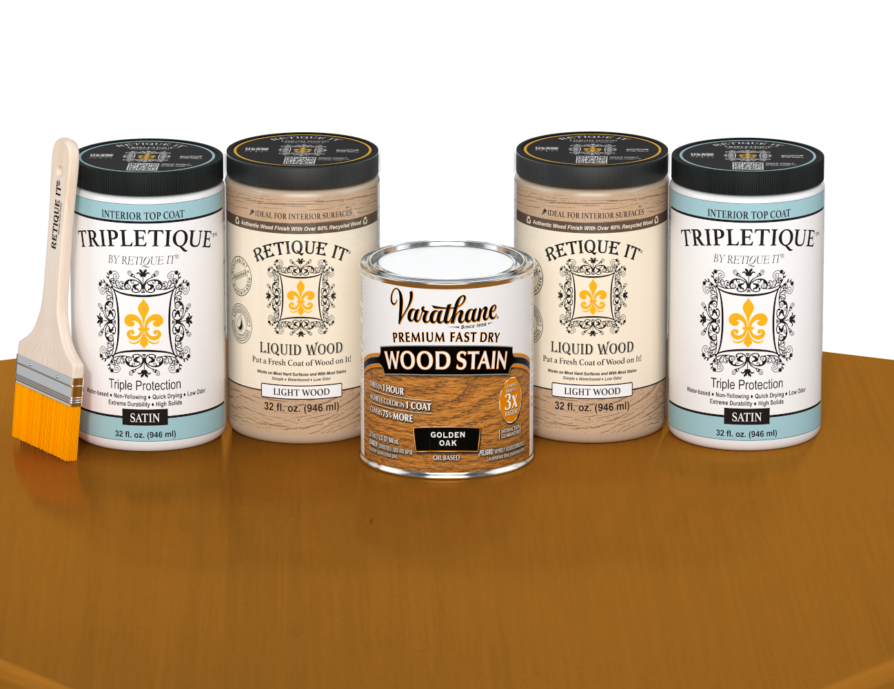 64 oz Retique It Liquid Wood kit with Golden Oak stain, satin Tripletique topcoat, and a paintbrush on a matching finished tabletop.