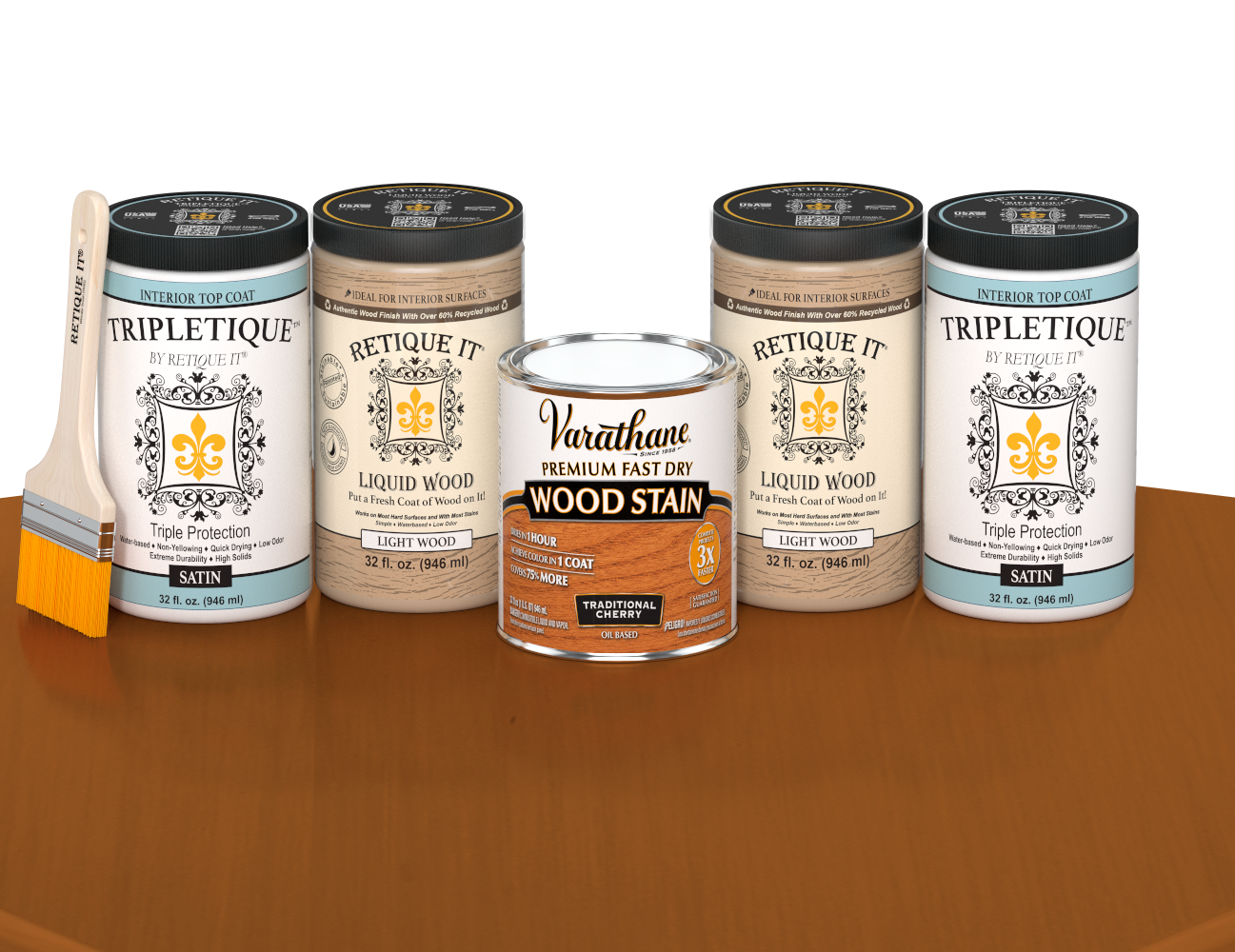 64 oz Retique It Liquid Wood kit with Traditional Cherry stain, satin Tripletique topcoat, and a paintbrush on a matching finished tabletop.