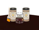 Retique It black cherry oil-based fast-dry stain kit with two large containers on a table, ideal for multi-purpose wood finishing.