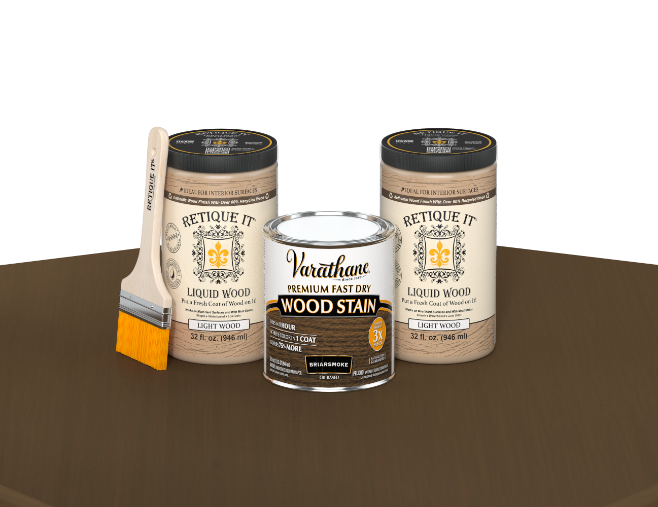 64 oz Retique It Liquid Wood kit with Varathane Briarsmoke stain and a paintbrush on a matching finished tabletop.