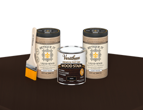 64 oz Retique It Liquid Wood kit with Varathane Kona stain and a paintbrush on a matching finished tabletop.