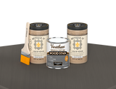 Retique It weathered gray oil-based fast-dry stain multipurpose kit with two large containers on a table.
