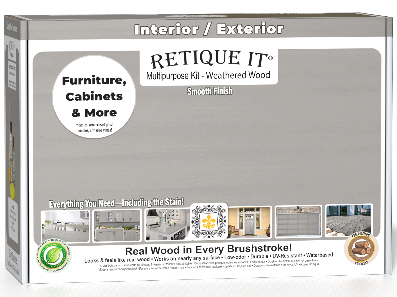Retique It® Multi-purpose Smooth Finish Kit in Weathered Wood for exterior wood projects, includes top coat and application tools.