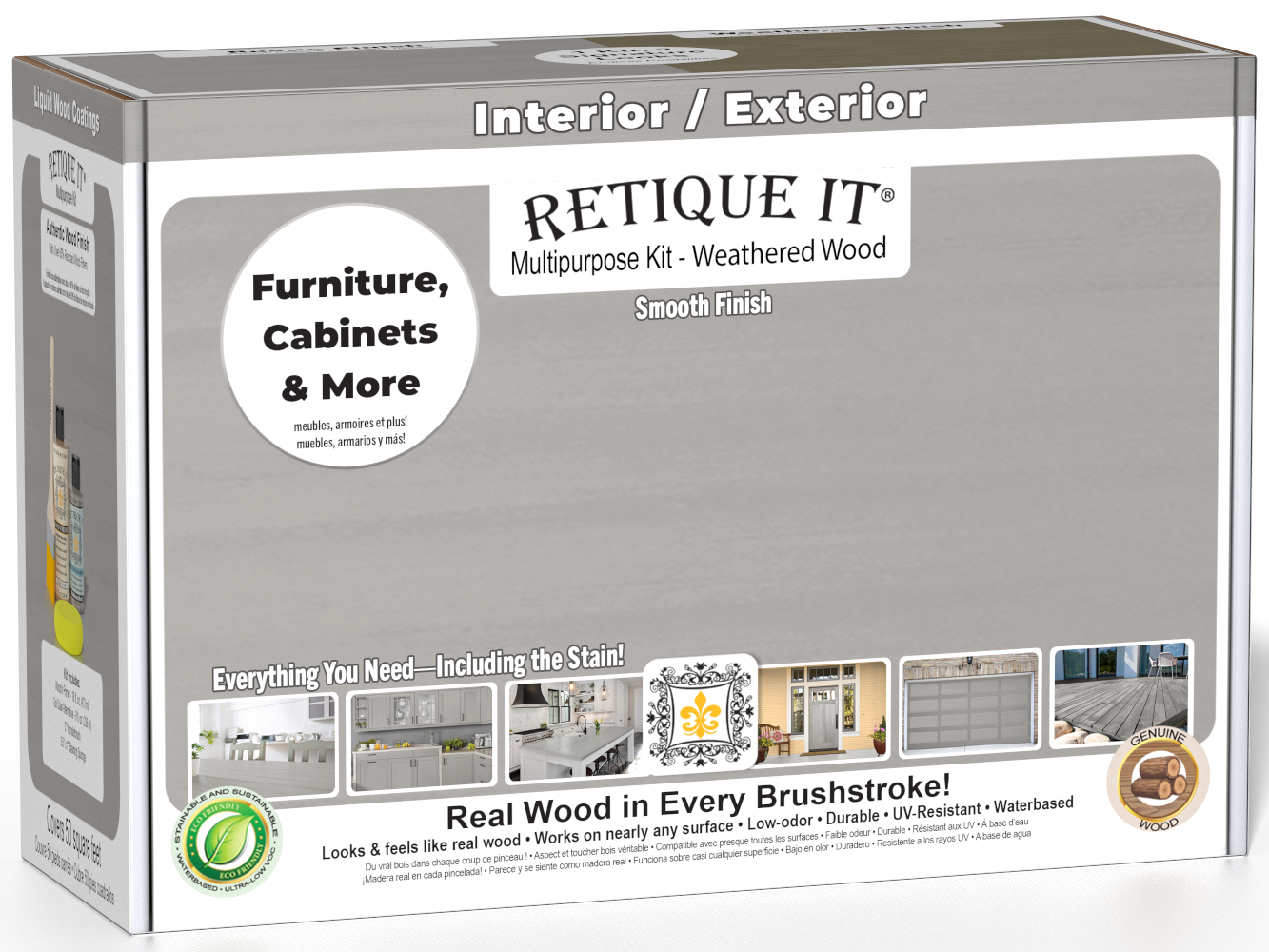 Retique It® wood finish kit for weathered wood interior projects, featuring smooth top coat application and weathered wood effects.