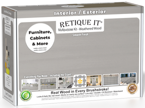 Retique It® wood finish kit in weathered wood with smooth finish, including applicator tools and finish samples in a box.