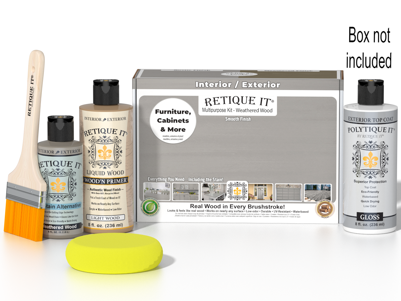 Retique It® Wood'n Finish Kit in Weathered Wood for exterior top coat, includes smooth finish wood treatment and application tools.