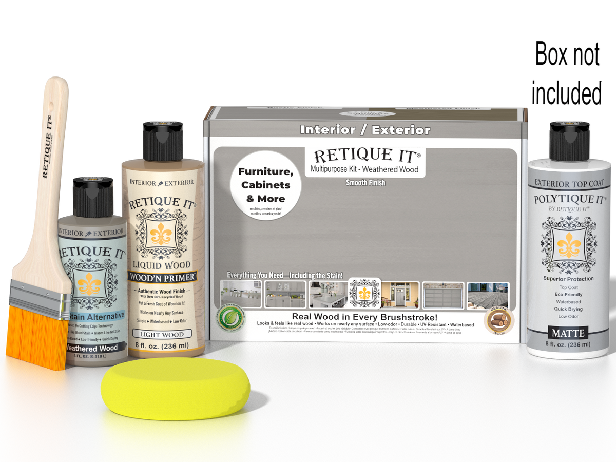 Retique It® Wood'n Finish Kit in Weathered Wood with exterior top coat, includes brushes and tools for smooth finish on wood surfaces.