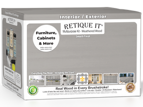 Retique It® Multi-purpose Smooth Finish Kit in Weathered Wood, exterior top coat with a matte finish, includes four large containers, box view