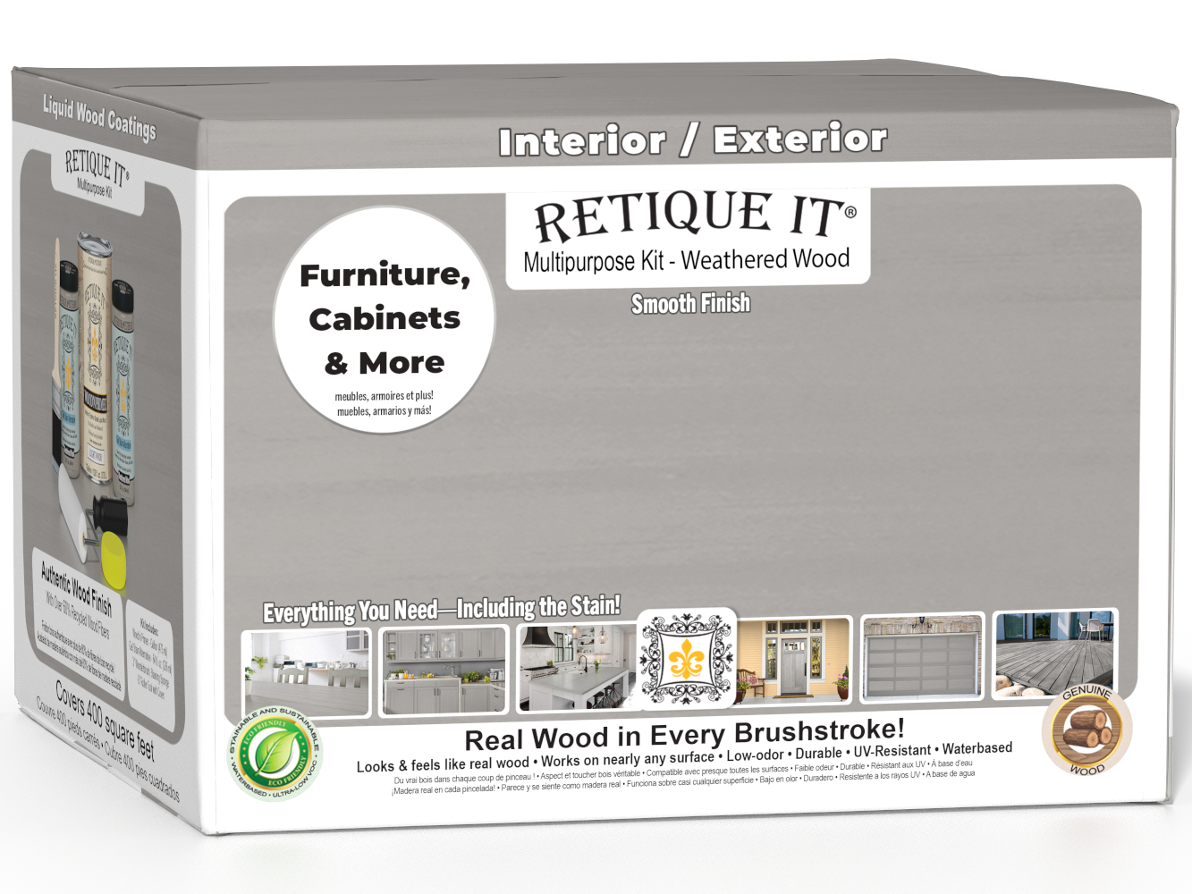 Retique It® weathered wood finish kit with four large containers of multi-purpose smooth finish for woodworking projects.