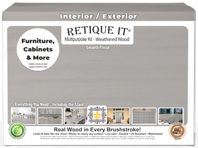 Retique It® weathered wood finish kit with four large containers, designed for a smooth, multi-purpose wood finishing project.