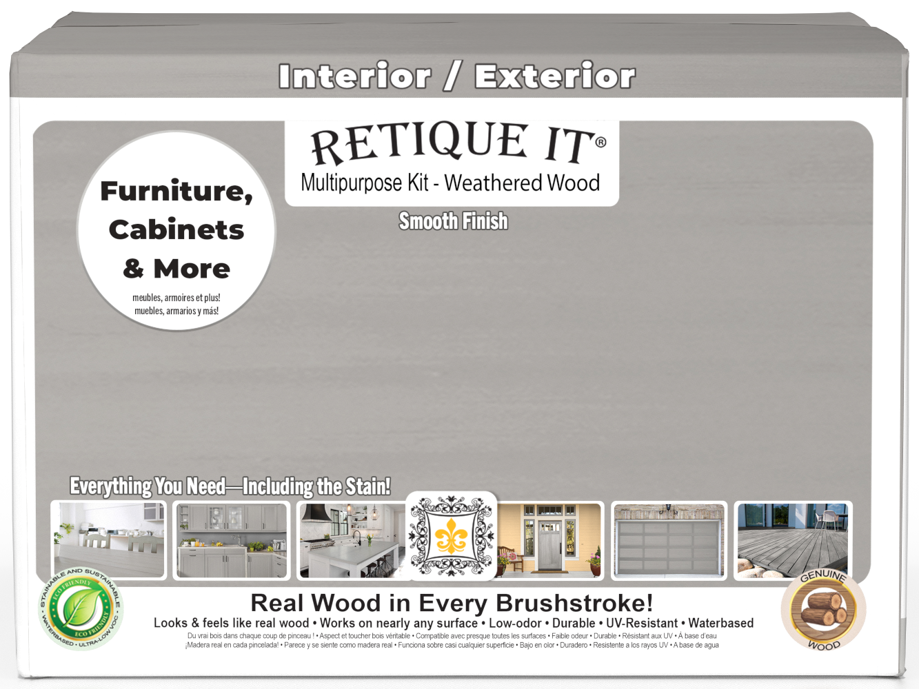 Retique It® multi-purpose wood finish kit with weathered wood exterior top coat, smooth matte finish, four large containers in box.