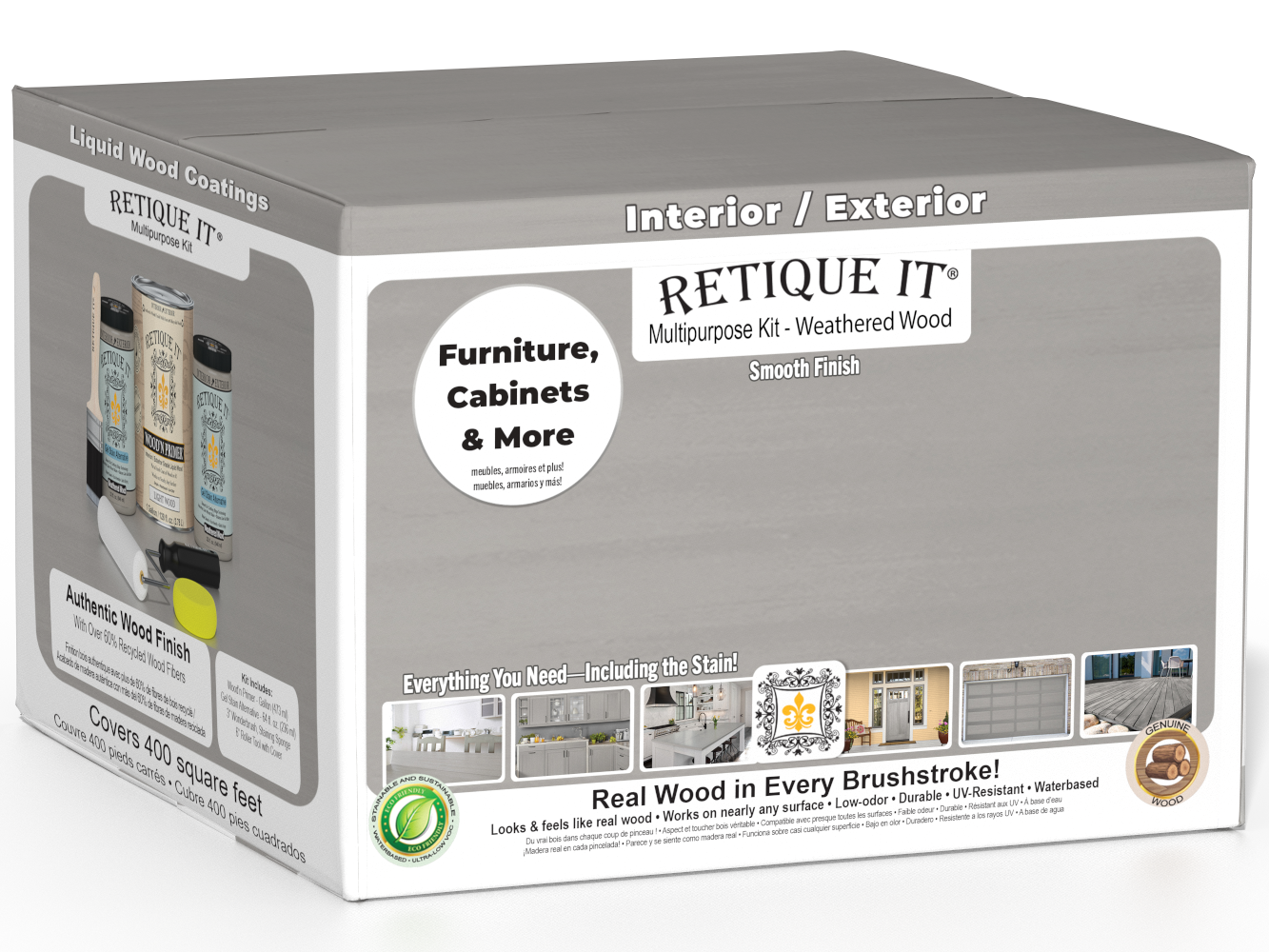 Retique It® Weathered Wood multi-purpose exterior top coat kit with four large containers, smooth matte finish for wood surfaces.