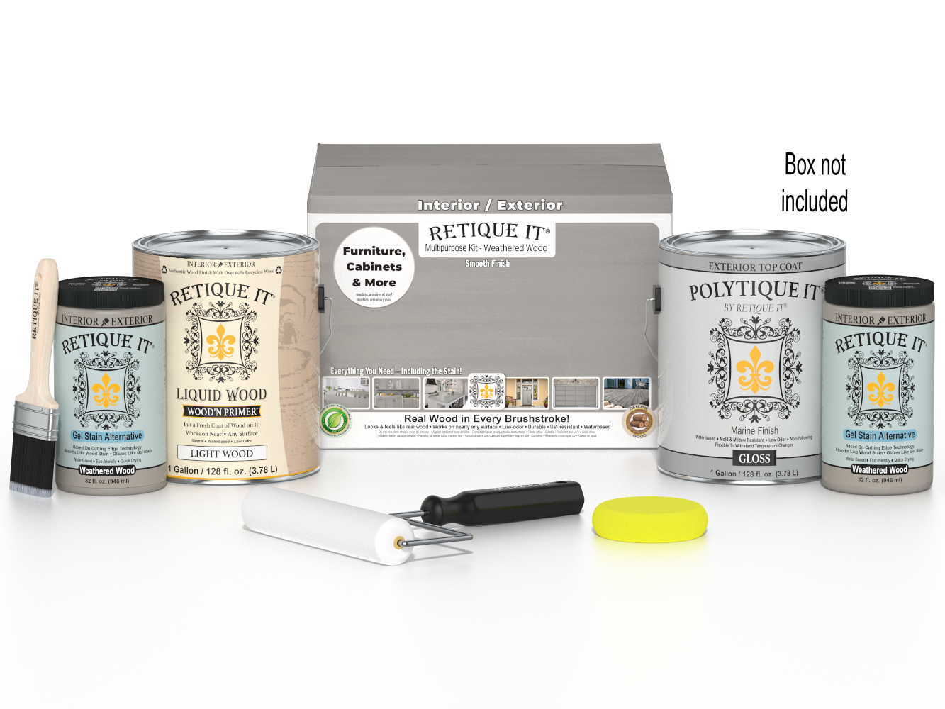 Retique It® wood finish kit with four large weathered wood exterior top coats in gloss, shown in a box with sample finishes.