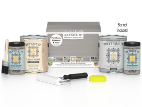 Retique It® wood finish kit with four large weathered wood exterior top coats in gloss, shown in a box with sample finishes.