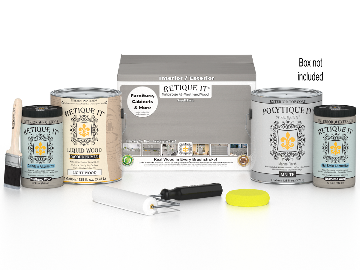 Retique It® Weathered Wood multi-purpose exterior top coat kit with four large smooth finish containers in a box.