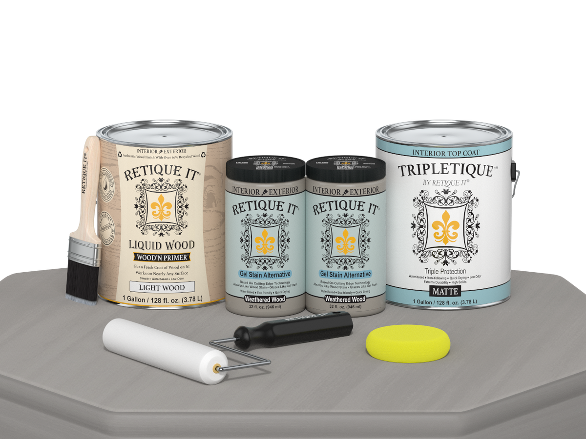 Retique It® Weathered Wood satin finish multi-purpose wood top coat kit with four large containers, shown on a wooden table.